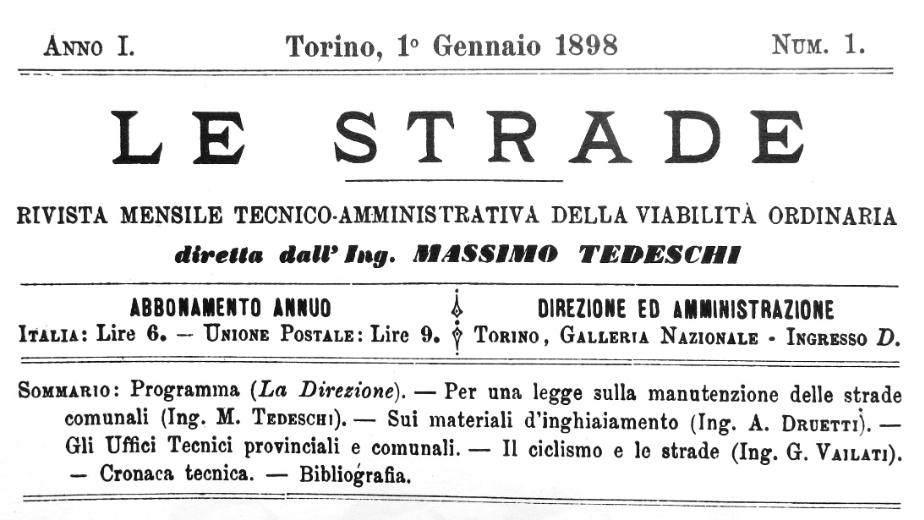 Testata e sommario primo numero de "Le Strade", 1 gennaio 1898 (fonte_ Archivio leStrade - Casa Editrice La Fiaccola) Testata e sommario primo numero de "Le Strade", 1 gennaio 1898 (fonte_ Archivio leStrade - Casa Editrice La Fiaccola)