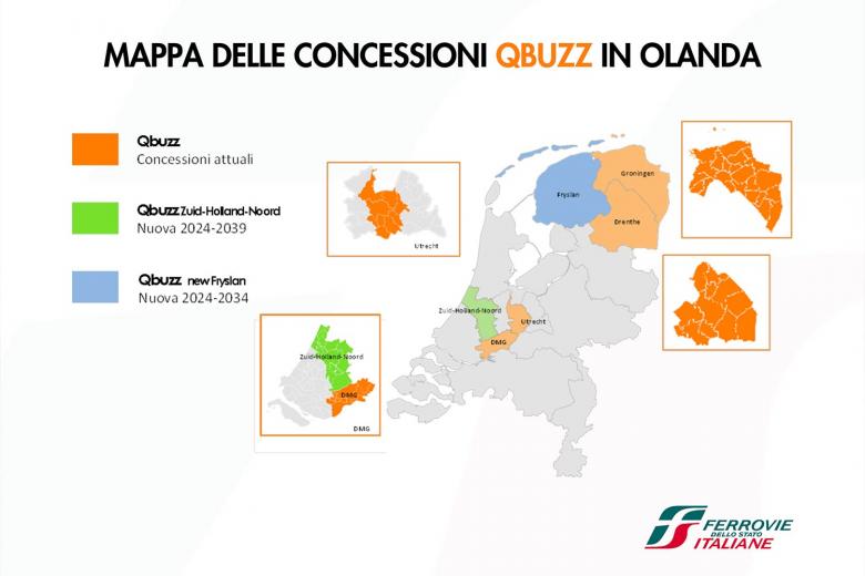 Mappa delle concessioni di Qbuzz nei Paesi Bassi (foto FS News)